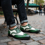 Men's Two-Tone Wingtip Brogue Leather Dress Shoes - model-sitting-bench