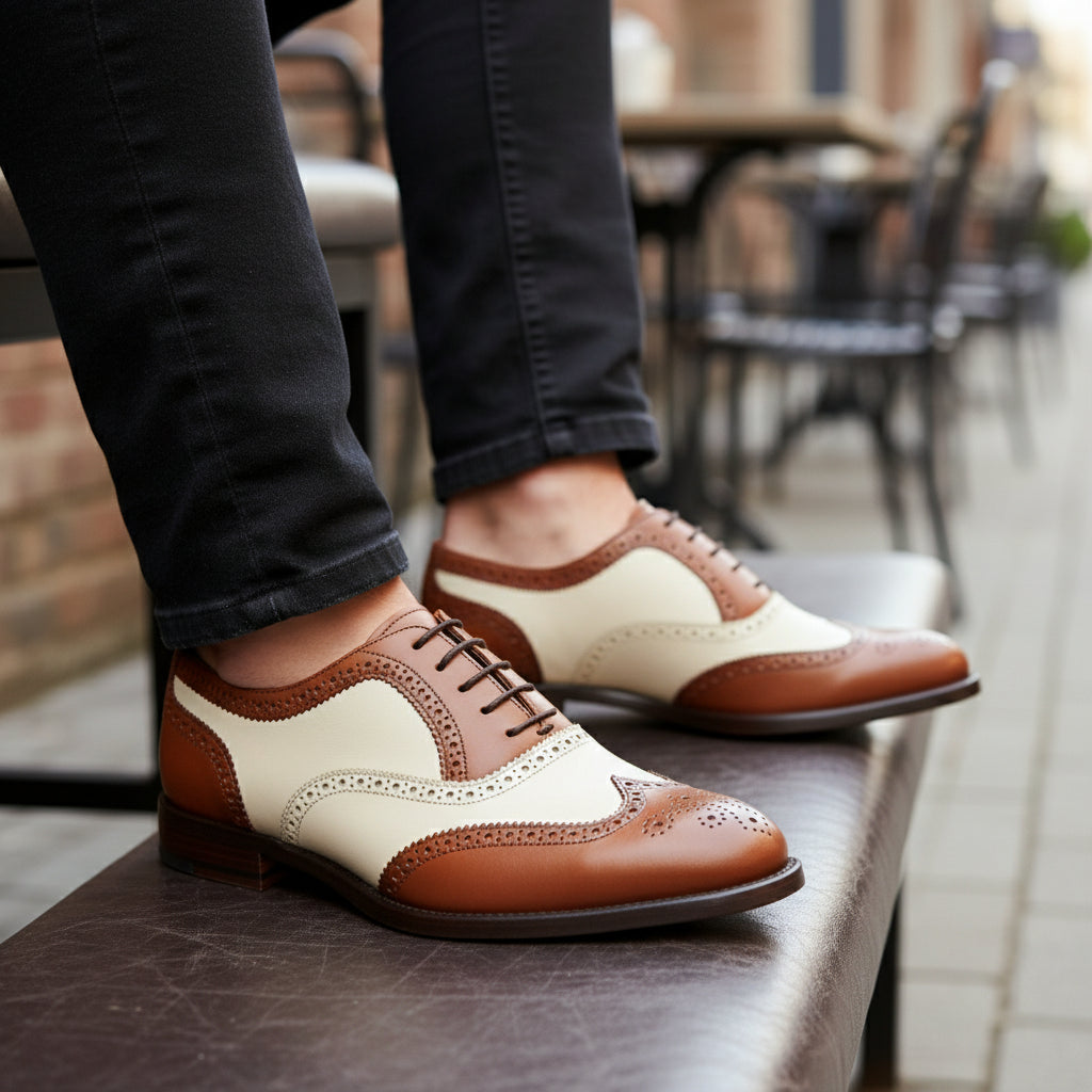 Men's Two-Tone Wingtip Brogue Leather Shoes - model-sitting-bench