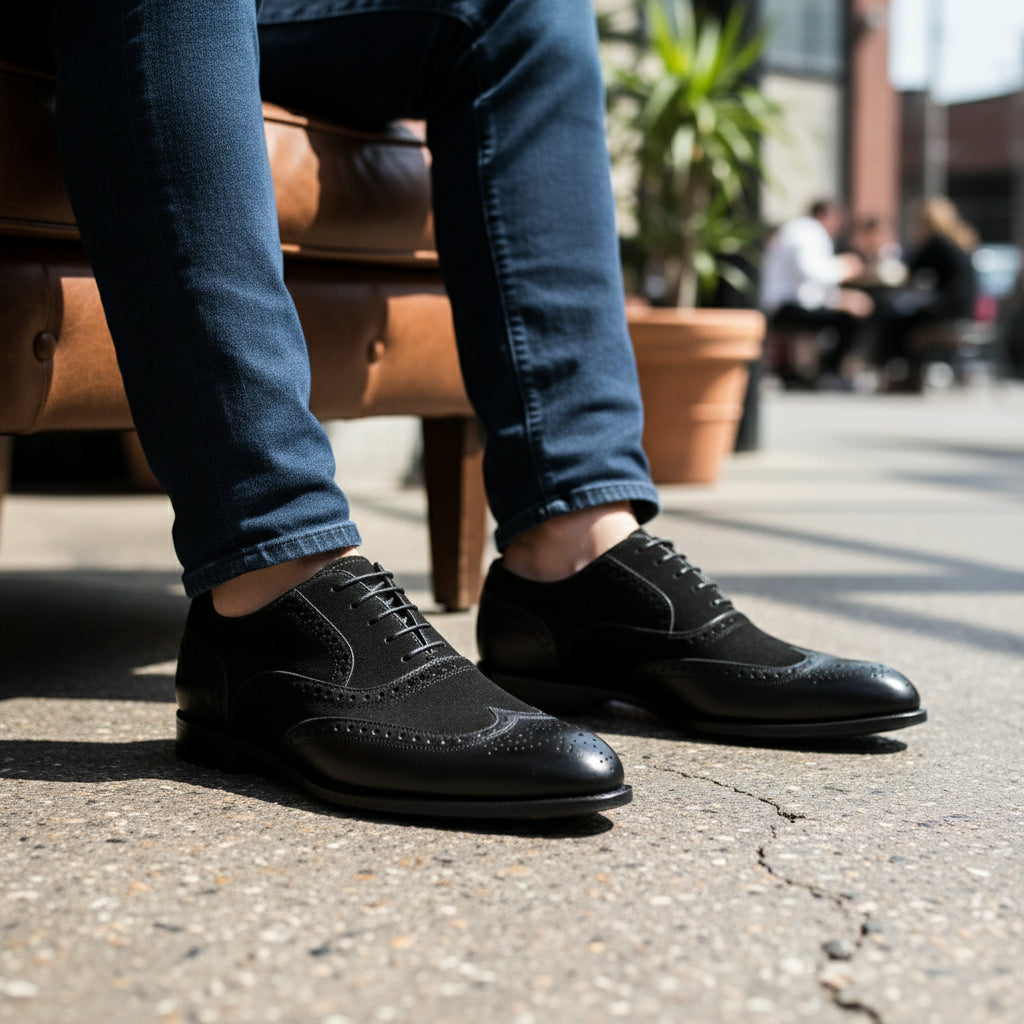Men's Two-Tone Wingtip Leather Dress Shoes - model-sitting-bench