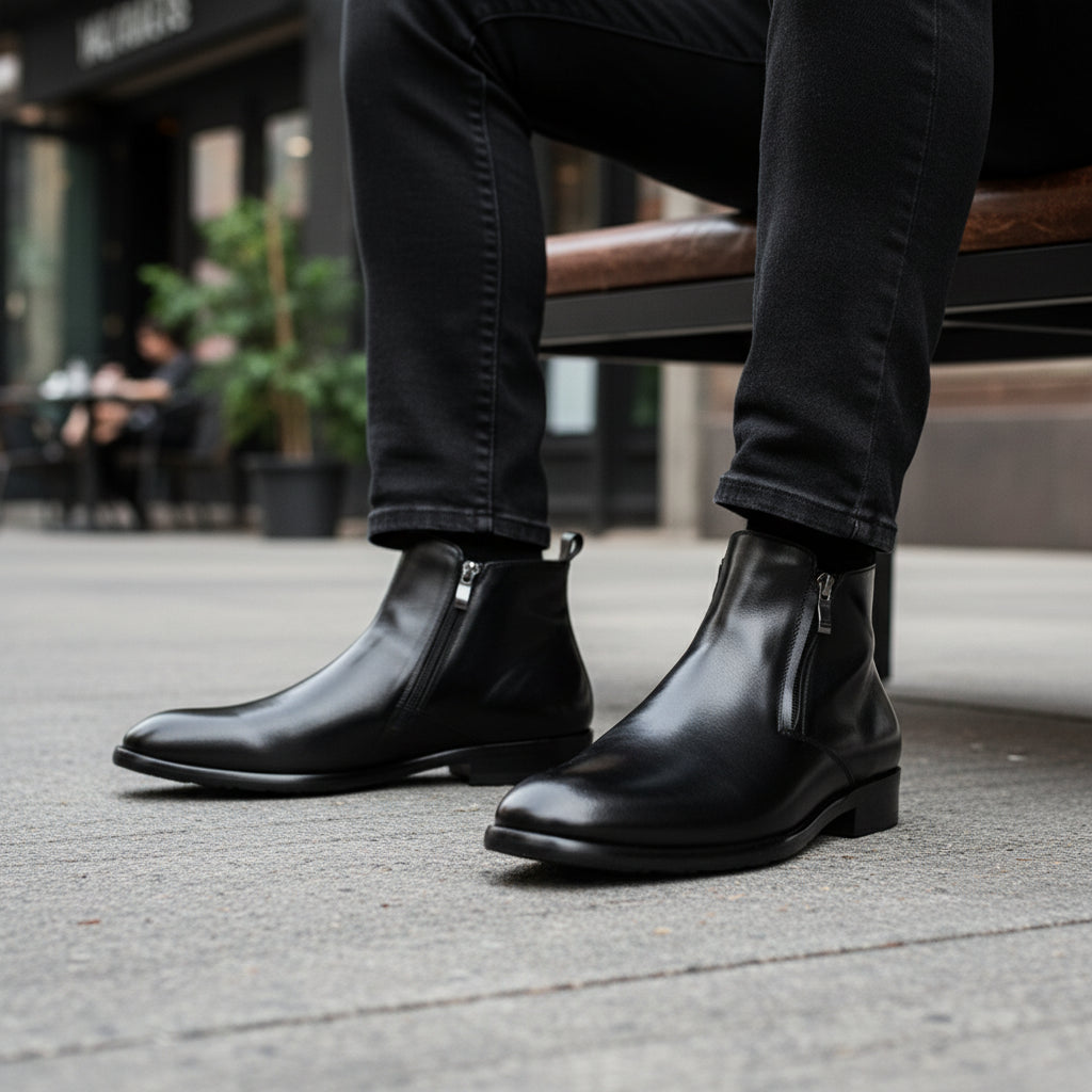 model-sitting-bench - Men's Vintage Cow Leather Chelsea Boots