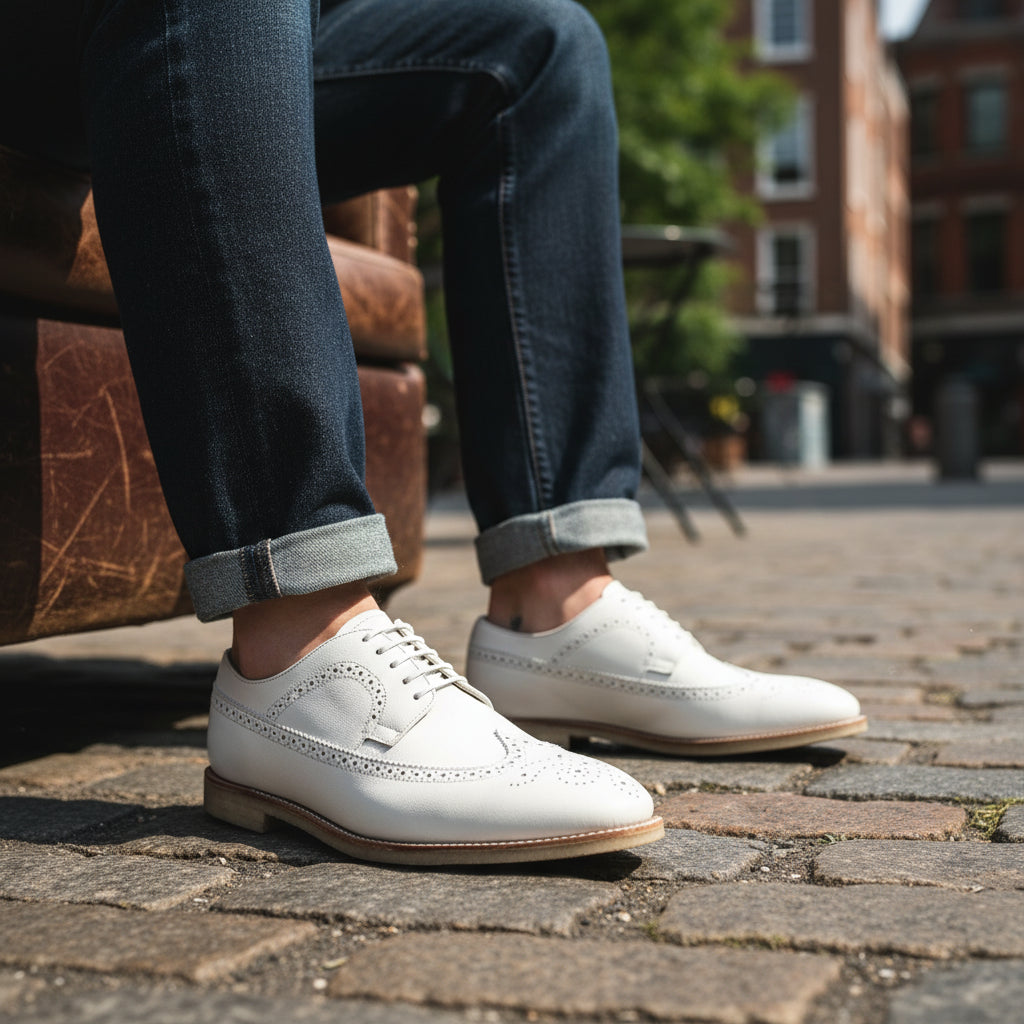 Men's White Brogue Leather Dress Shoes - model-sitting-bench