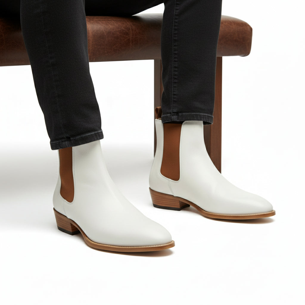 Men's White Chelsea Leather Boots - model-sitting-bench