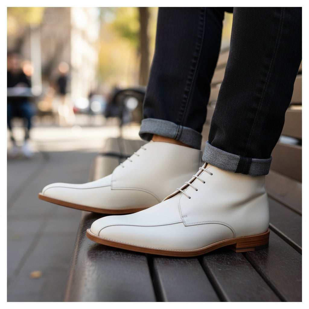 Men's White Leather Chukka Boots with Square Toe - model-sitting-bench