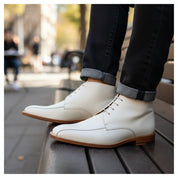 Men's White Leather Chukka Boots with Square Toe - model-sitting-bench