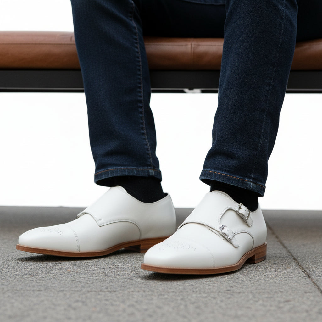 model-sitting-bench - Men's White Leather Double Monk Dress Shoes