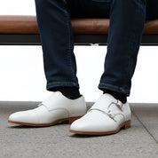 model-sitting-bench - Men's White Leather Double Monk Dress Shoes