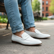 model-sitting-bench - Men's White Leather Moccasin Loafers