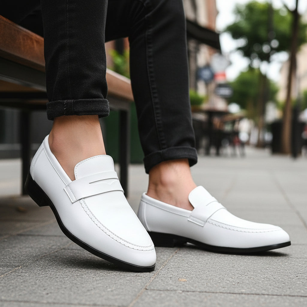 Men's White Leather Moccasins for Parties - model-sitting-bench