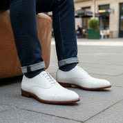 model-sitting-bench - Men's White Leather Oxford Dress Shoes