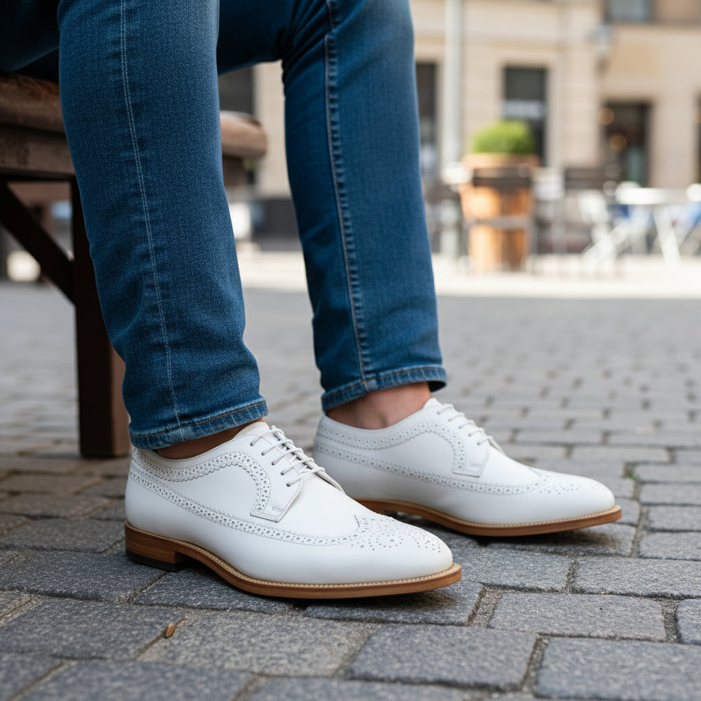 Men's White Leather Wingtip Brogue Dress Shoes - model-sitting-bench