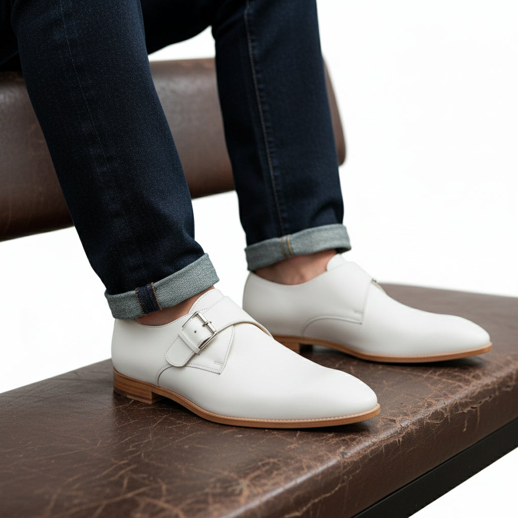 model-sitting-bench - Men's White Monk Strap Leather Dress Shoes