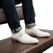 model-sitting-bench - Men's White Monk Strap Leather Dress Shoes