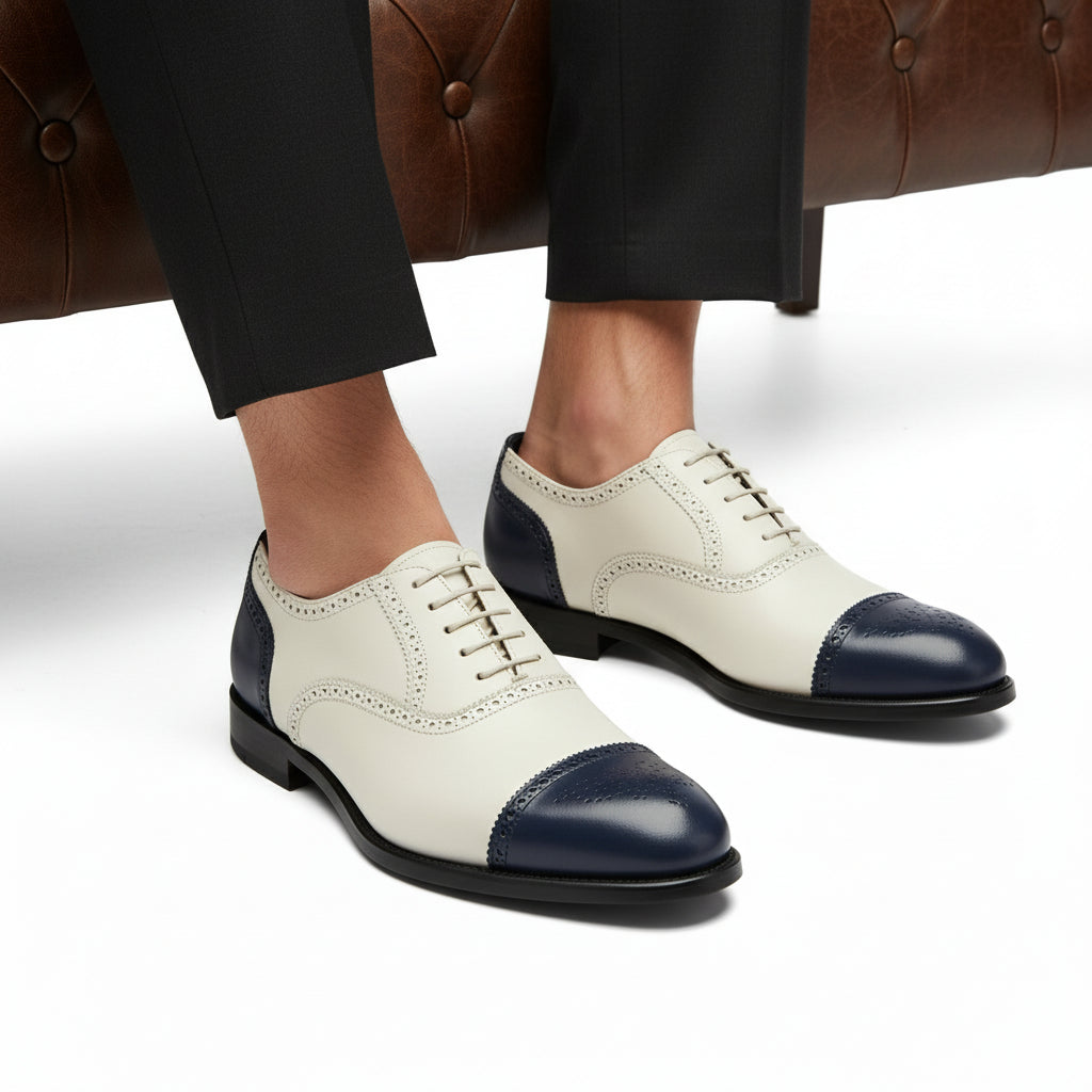 model-sitting-bench - Men's White & Navy Blue Leather Oxford Brogue Shoes