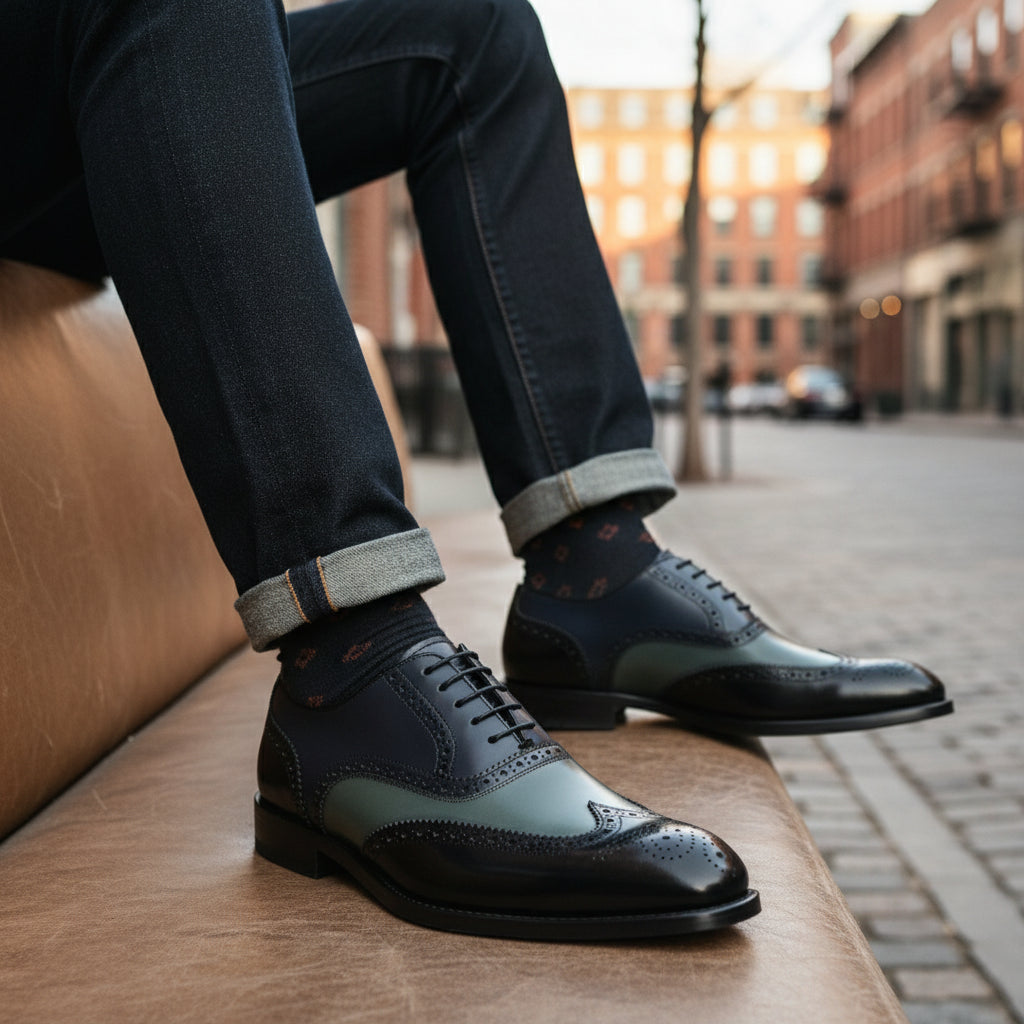 Men's Wing Tip Brogue Lace Up Leather Shoes - model-sitting-bench