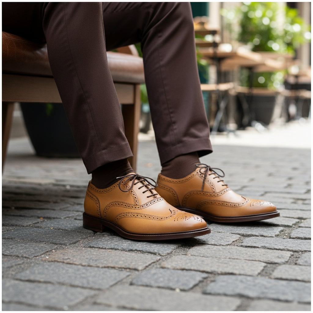 Men's Wingtip Brogue Leather Dress Shoes in Tan - model-sitting-bench