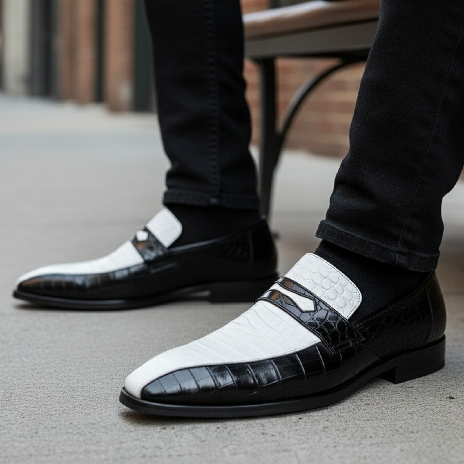 Spectator Shoes with Crocodile Skin Texture, Two Tone Design - model-sitting-bench