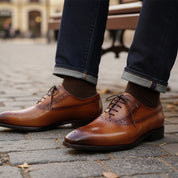 model-sitting-bench - Tan Brown Brogue Formal Shoes