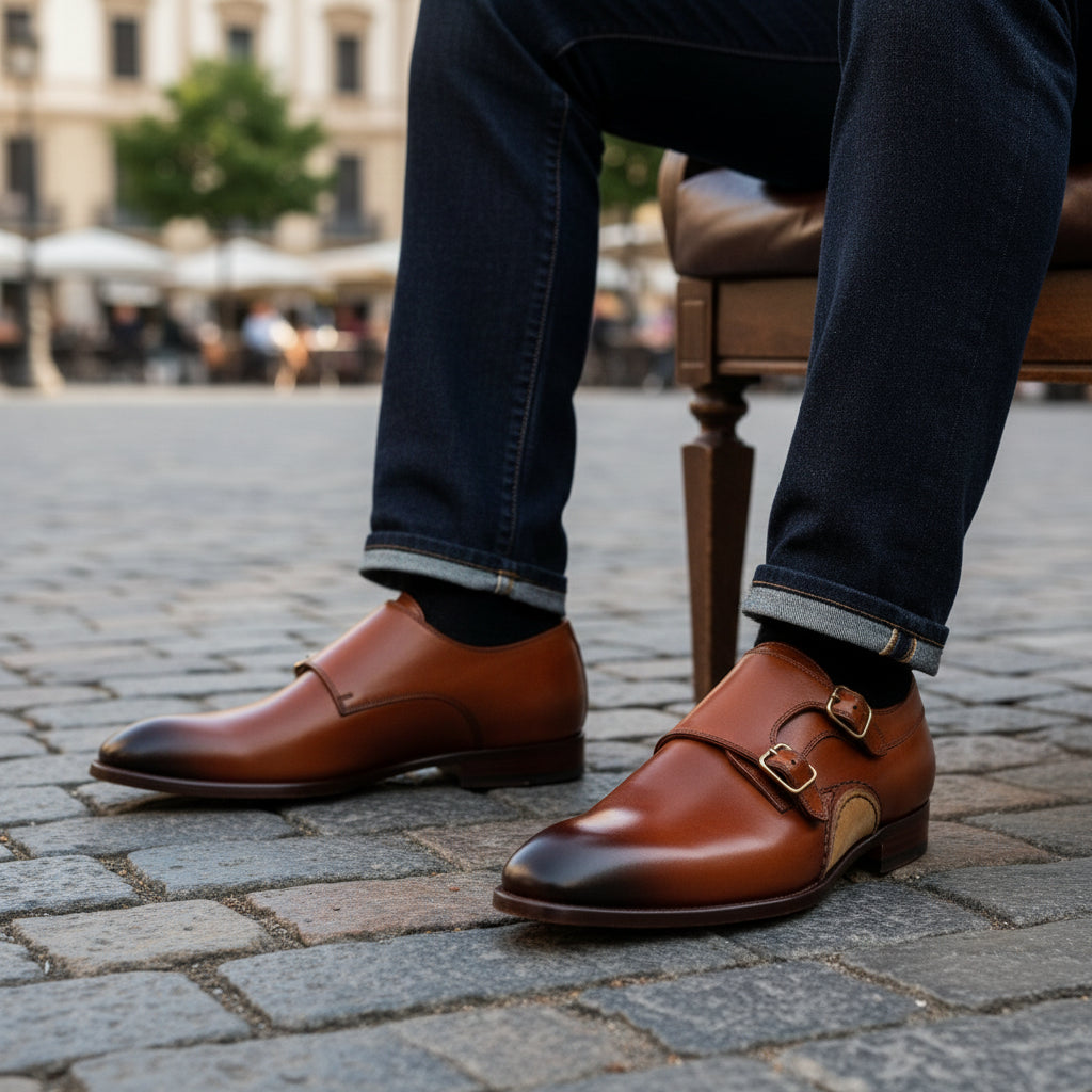 Tan Brown Monk Strap Leather Shoes with Buckle Closure - model-sitting-bench