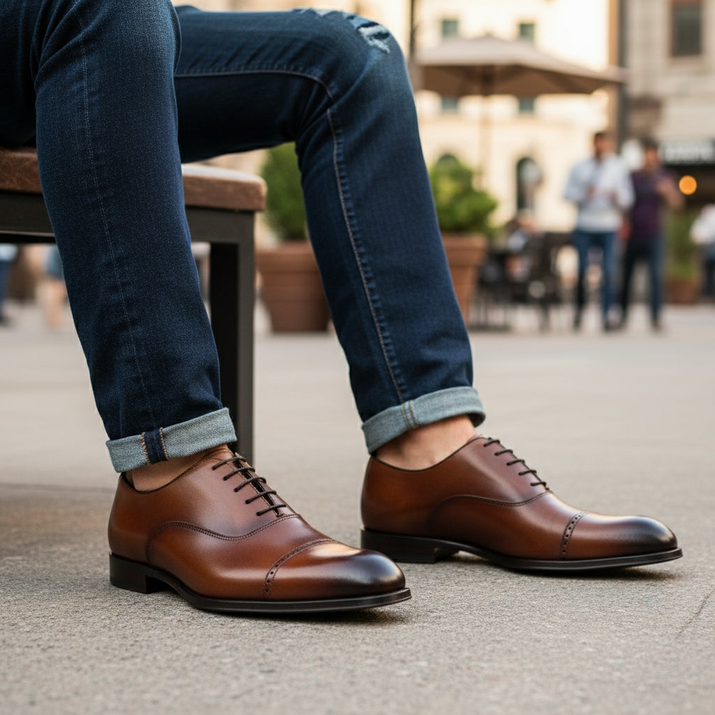 Tan Brown Oxford Dress Shoes for Men - model-sitting-bench