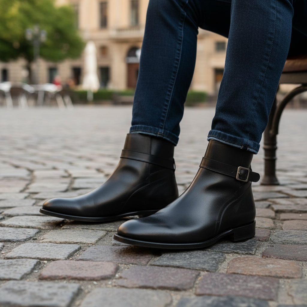 Men's Black Leather Jodhpur Ankle Boots - model-sitting-bench