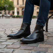 Men's Black Leather Jodhpur Ankle Boots - model-sitting-bench