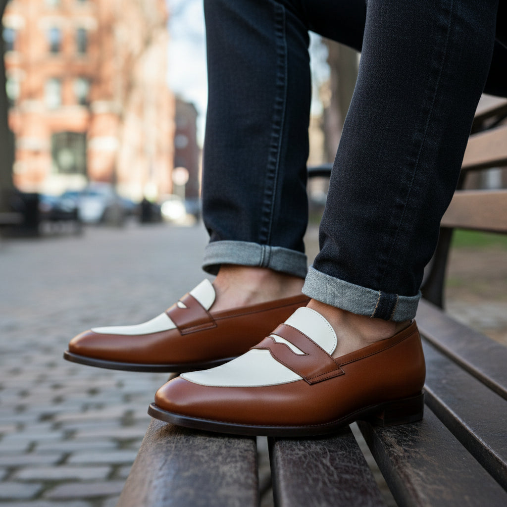 Two Tone Spectator Shoes Brown and White Leather Dress Oxford Shoes - model-sitting-bench