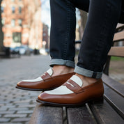 Two Tone Spectator Shoes Brown and White Leather Dress Oxford Shoes - model-sitting-bench