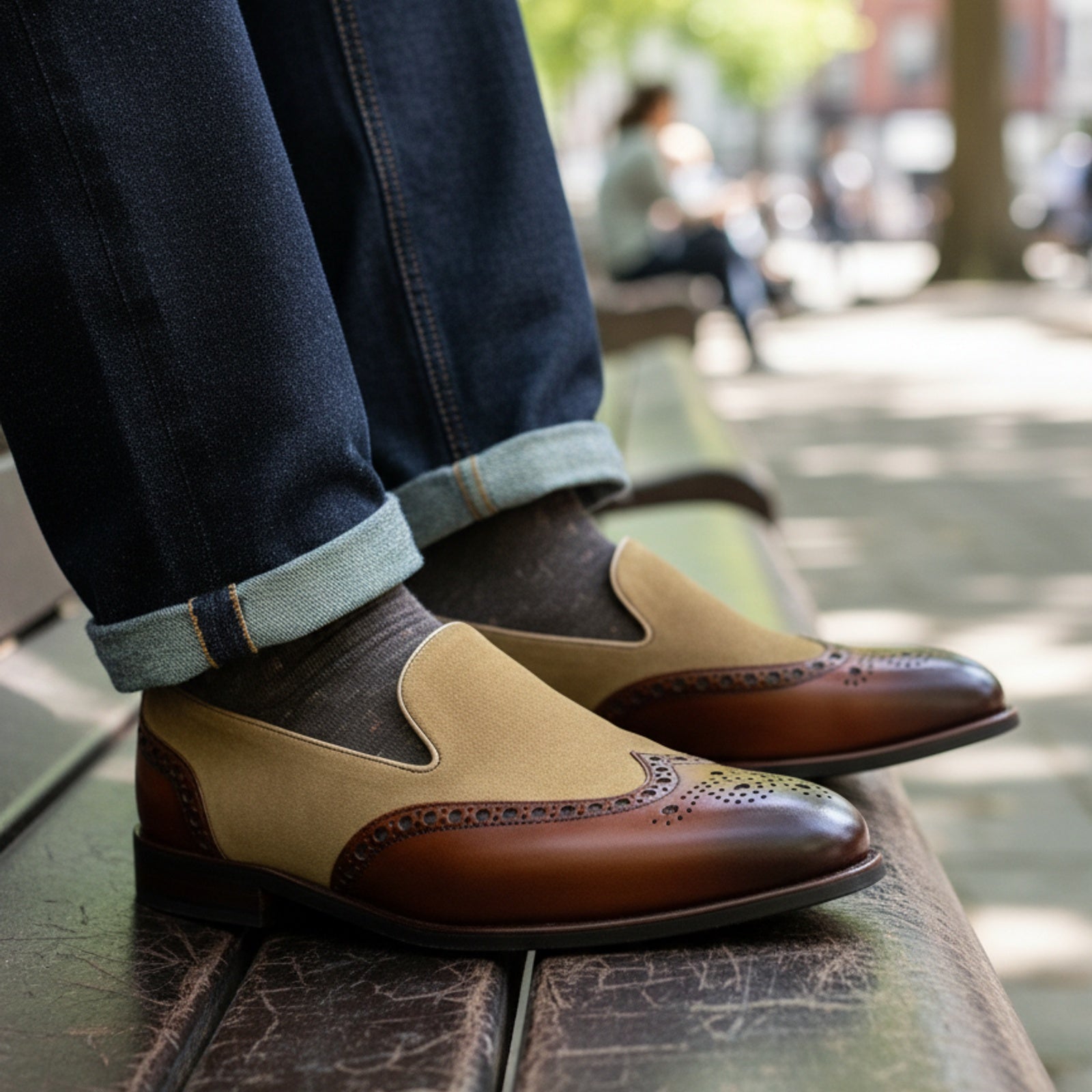 Two-tone Wingtip Brogue Moccasins in Suede and Leather - model-sitting-bench