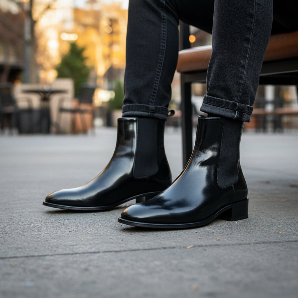 model-sitting-bench - Unisex Patent Leather High Ankle Boots