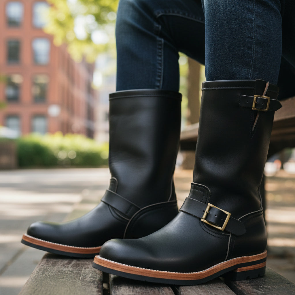Western Cowboy Boots with Vintage Buckle and Square Heel - model-sitting-bench