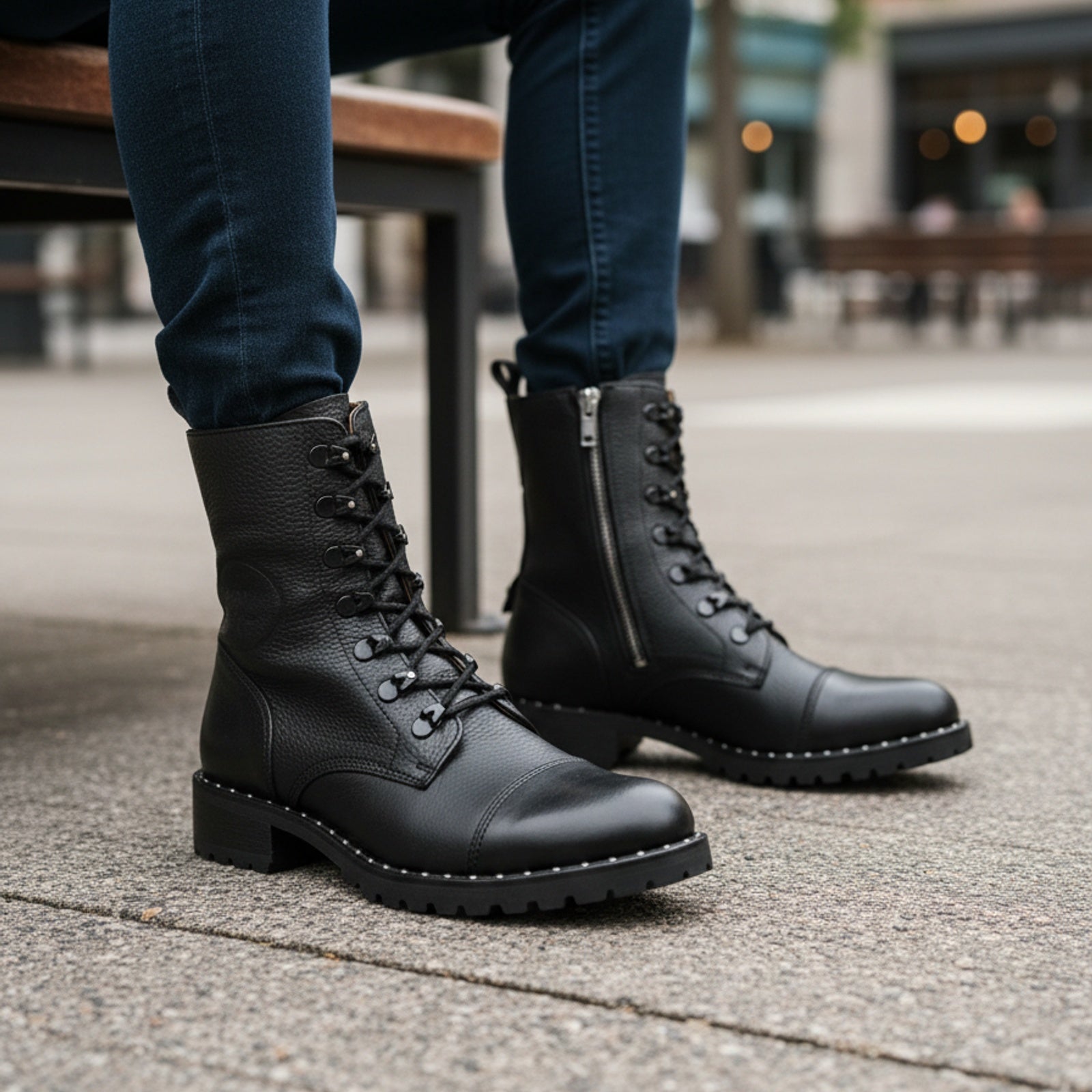 model-sitting-bench - Women's Handmade High Ankle Genuine Leather Biker Boots