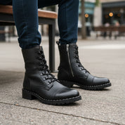 model-sitting-bench - Women's Handmade High Ankle Genuine Leather Biker Boots
