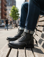 model-sitting - Black Lace-Up Leather Motorcycle Boots