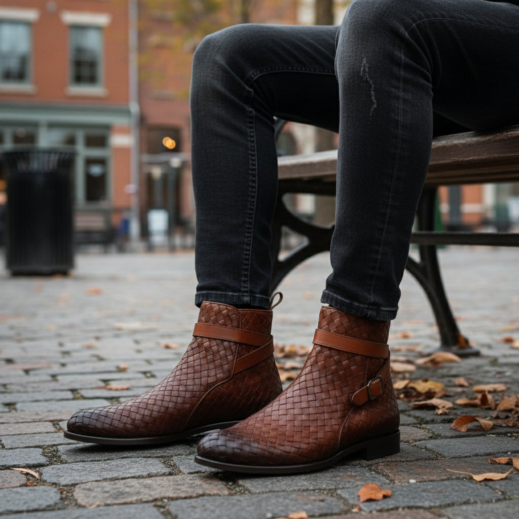 model-sitting - Brown Leather Ankle Boots with Chitai Mat Pattern
