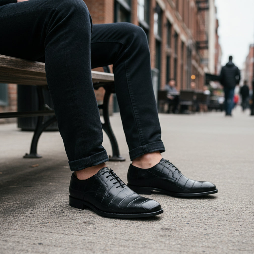 model-sitting - Crocodile-Texture Black Leather Dress Shoes
