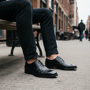 model-sitting - Crocodile-Texture Black Leather Dress Shoes