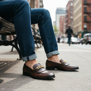 model-sitting - Dark Brown Leather Moccasin Loafers with Fringe