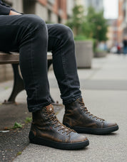 model-sitting - Distressed Leather Motorcycle Sneakers