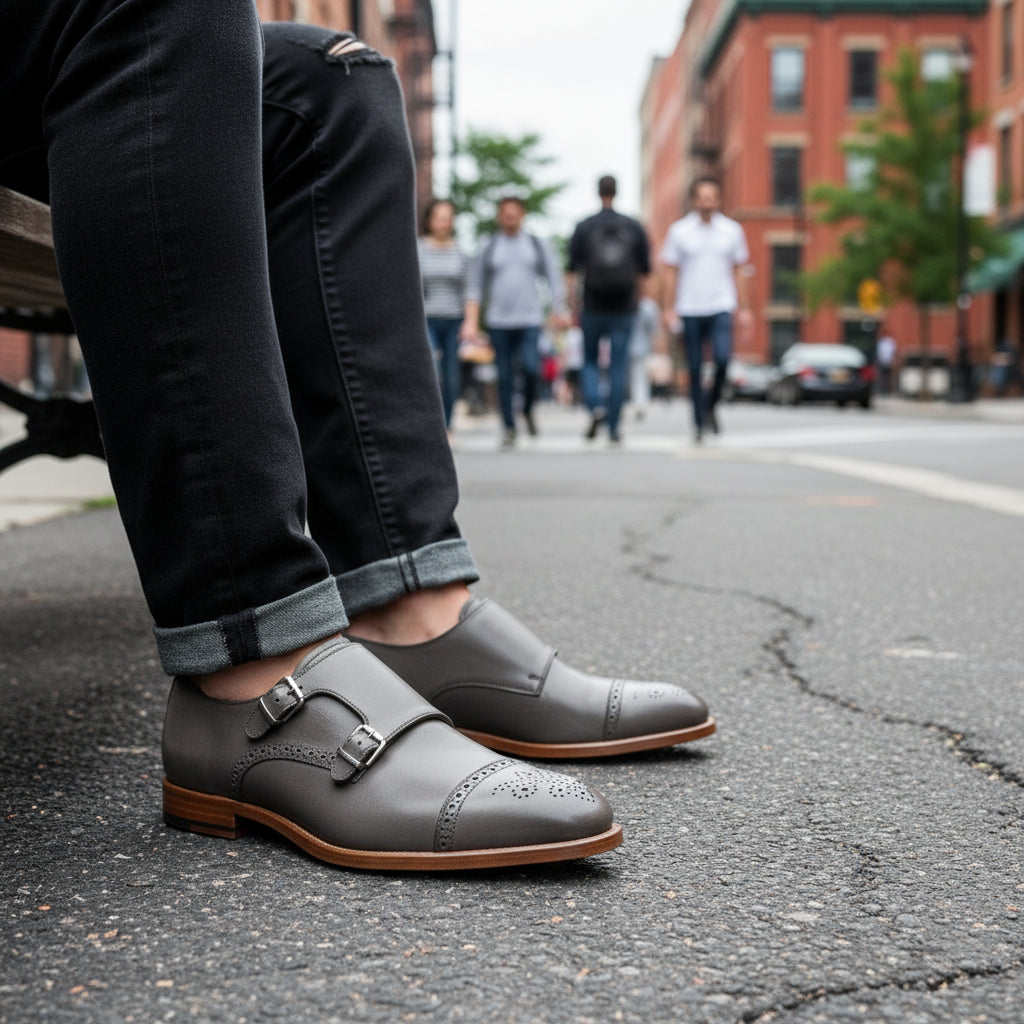 model-sitting - Gray Leather Oxford Double Monk Strap Shoes with Brogue Toe Cap