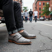 model-sitting - Gray Leather Oxford Double Monk Strap Shoes with Brogue Toe Cap