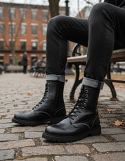 model-sitting - Leather Biker Boots - Rugged Black