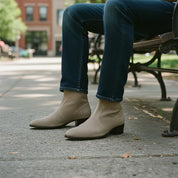 model-sitting - Men's Beige Suede Ankle Boots with Zipper Closure