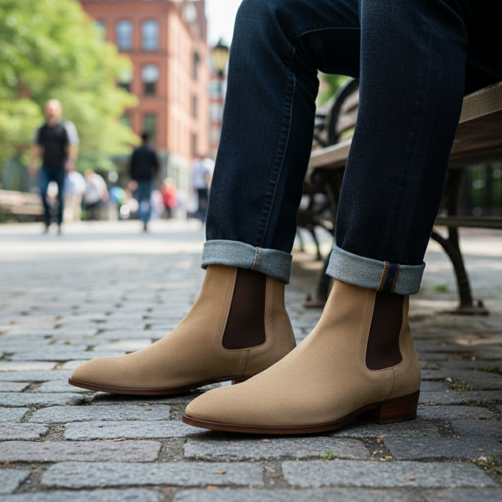 model-sitting - Men's Beige Suede Chelsea Ankle Boots