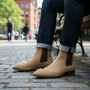 model-sitting - Men's Beige Suede Chelsea Ankle Boots