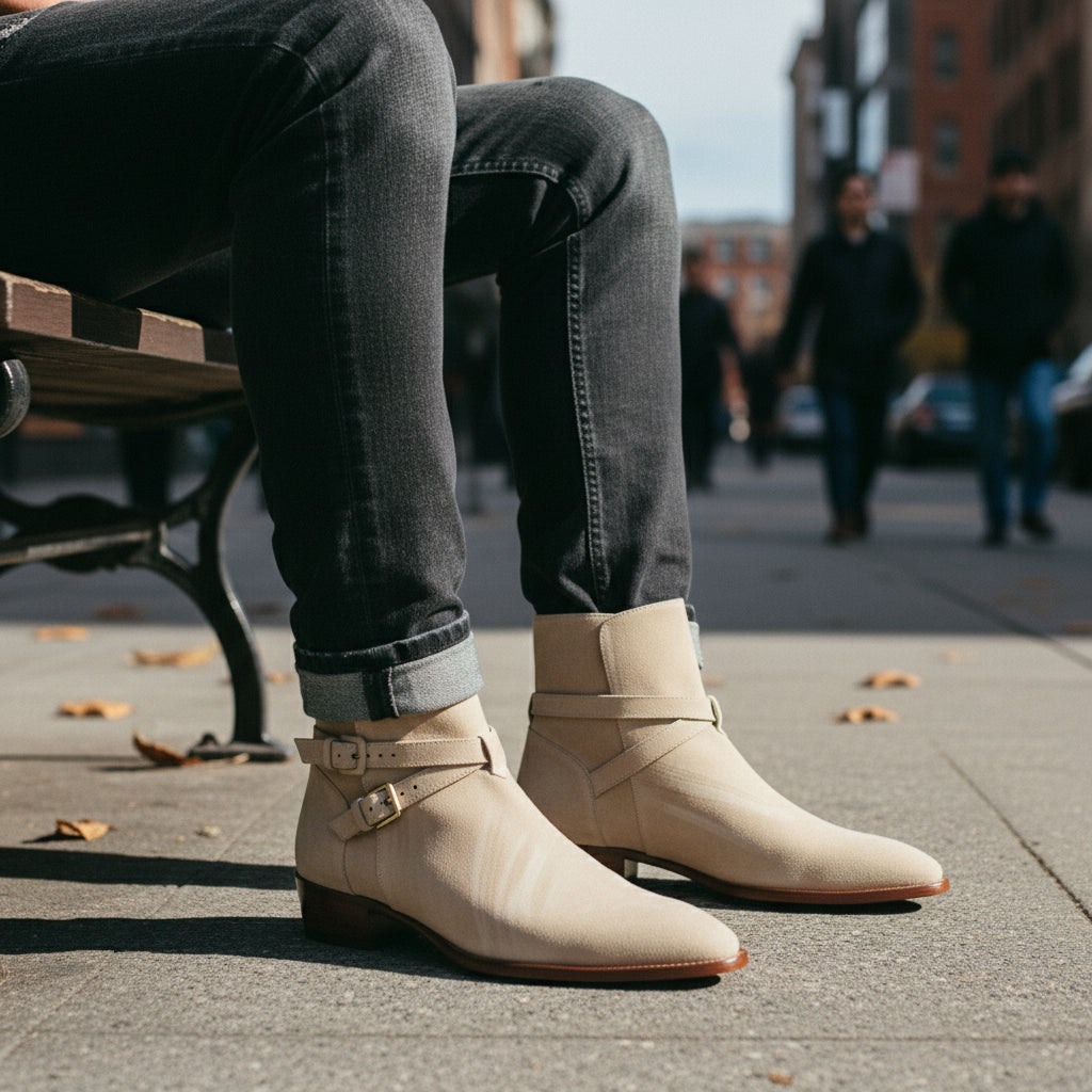 model-sitting - Men's Beige Suede Jodhpurs Boots with Ankle Strap