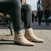model-sitting - Men's Beige Suede Jodhpurs Boots with Ankle Strap