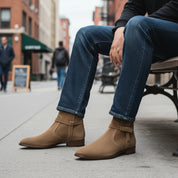 model-sitting - Men's Beige Suede Jodhpurs Boots with Monk Strap Closure