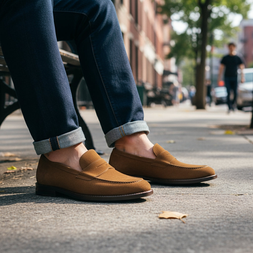 model-sitting - Men's Beige Suede Moccasin Loafers