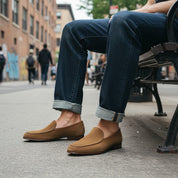 model-sitting - Men's Beige Suede Slip-On Moccasins