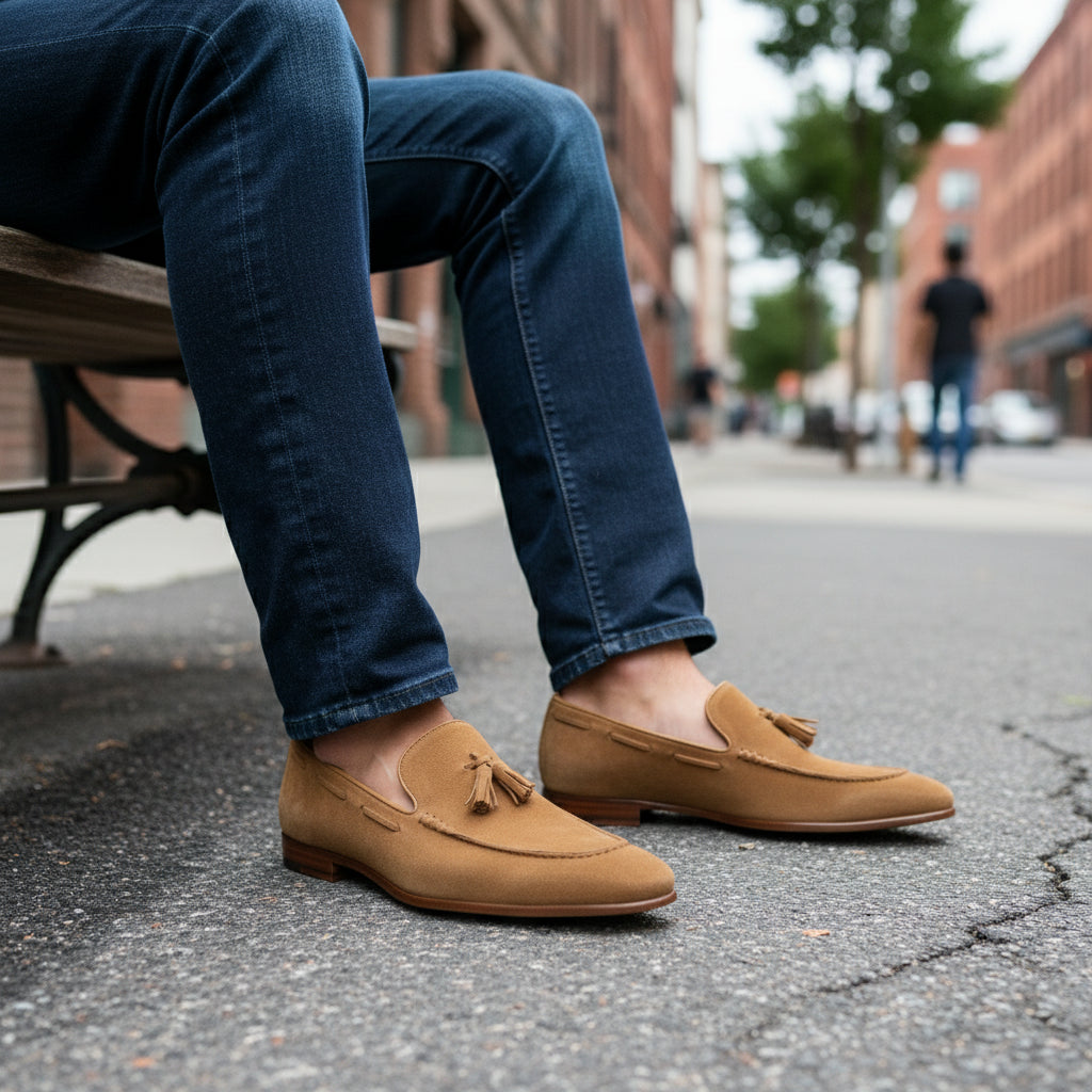 model-sitting - Men's Beige Suede Tassel Loafers